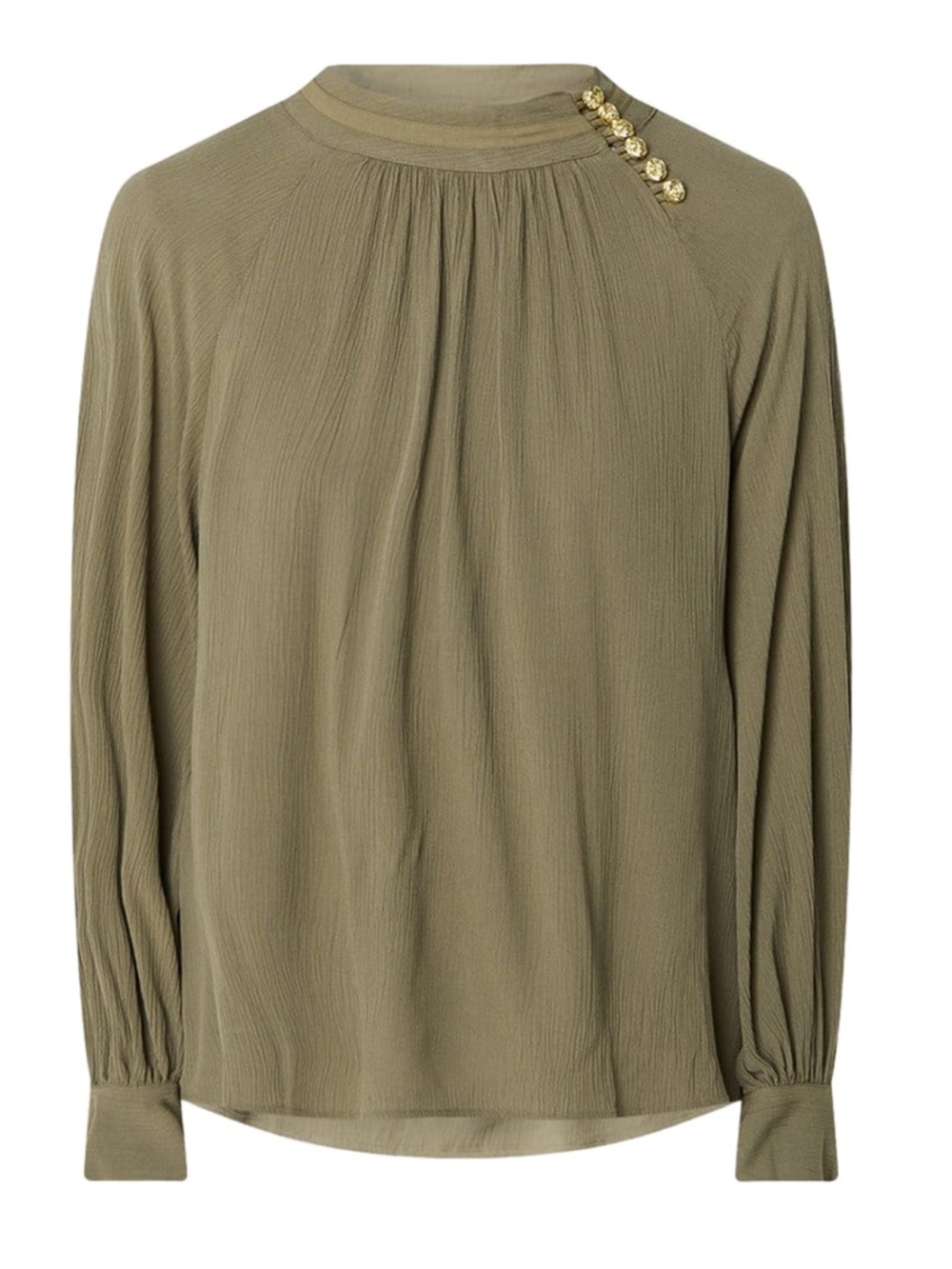 ba&sh Neil Blouse Khaki Green Pleated High Neck Gold Button Top Size 1 NWT